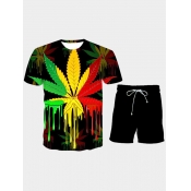 LW Men Casual O Neck Leaf Print Black Two Piece Sh