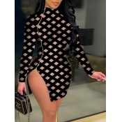 Lovely Sweet Geometric Print Zipper Design Black M