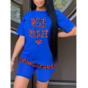 Lovely Trendy Leopard Letter Print Blue Two Piece 