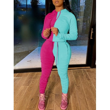 

LW Ruched Color-lump Patchwork Tracksuit Set, Rose red