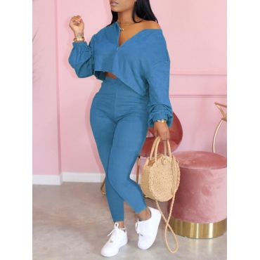 

LW BASICS V Neck Zipper Design Pants Set, Blue