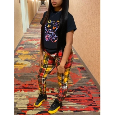 

LW Cartoon Plaid Print Pants Set, Multicolor lattices