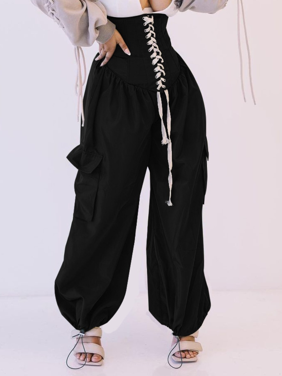 

Lovely Street Bandage Design Drawstring Loose Black Pants