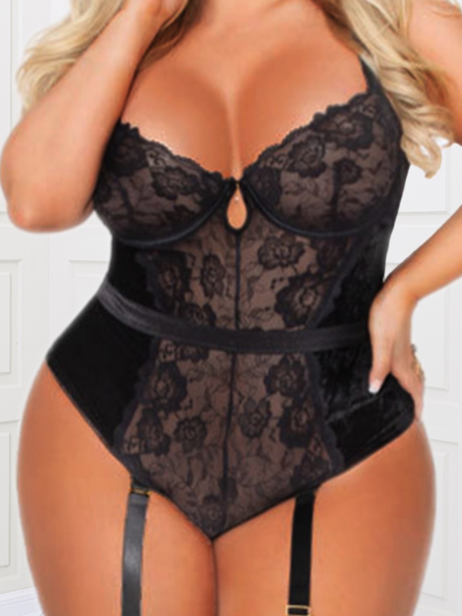 

Lovely Sexy See-through Bandage Hollow-out Design Black Plus Size Teddies