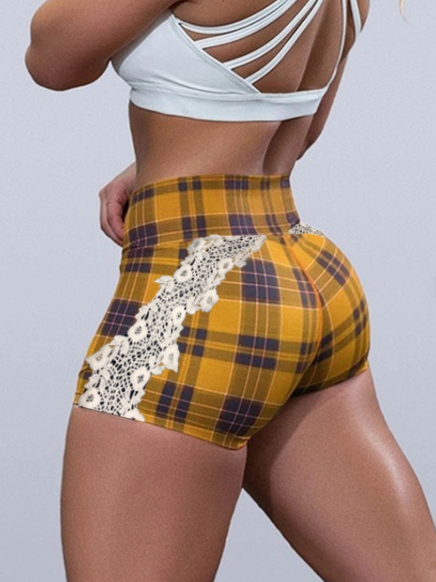 

Lovely Sweet Mesh Plaid Print Yellow Shorts