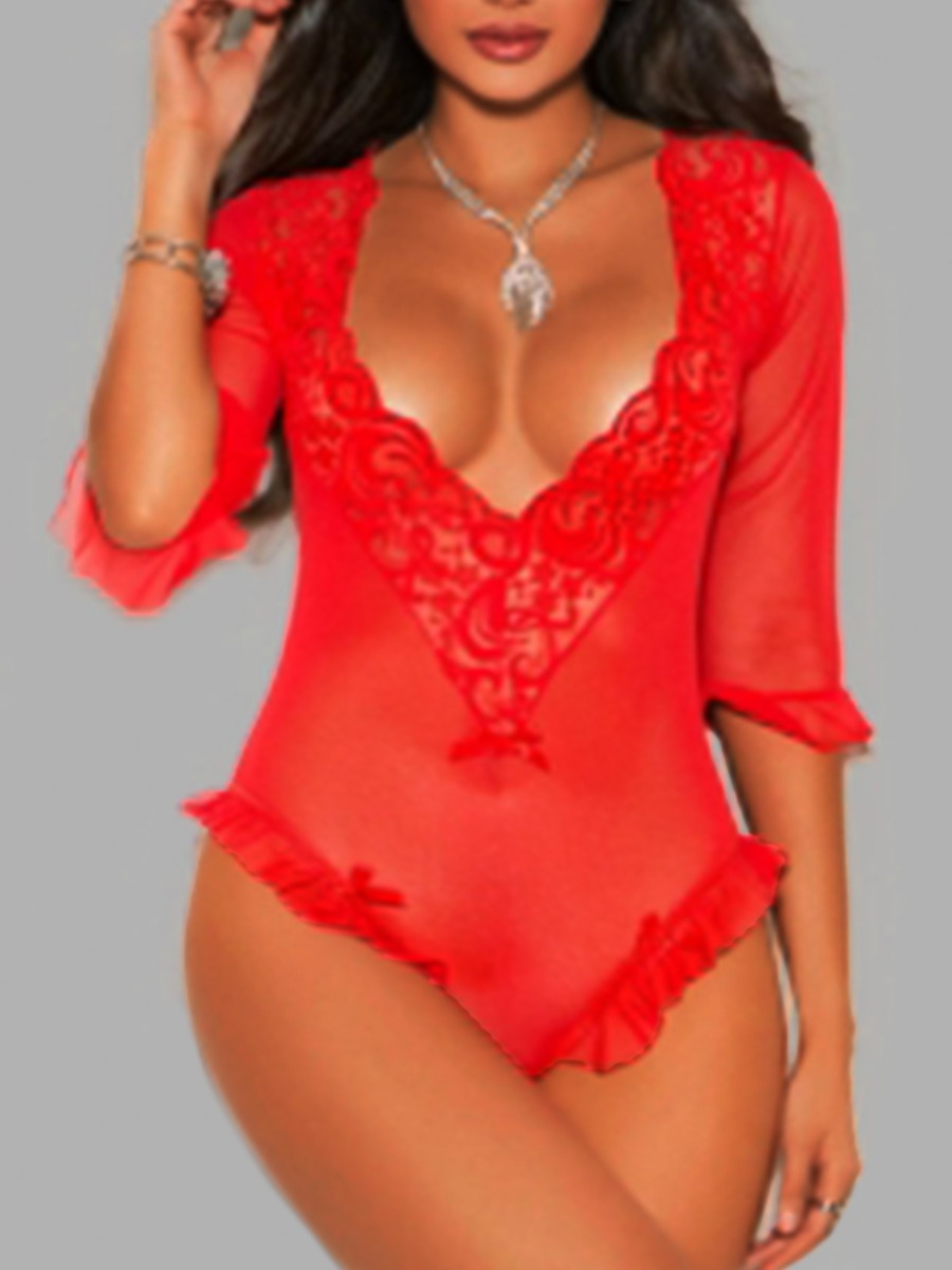 

Lovely Sexy See-through Flounce Design Red Teddies