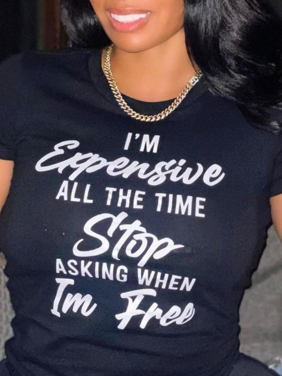 

LW Casual O Neck Letter Print Black T-shirt