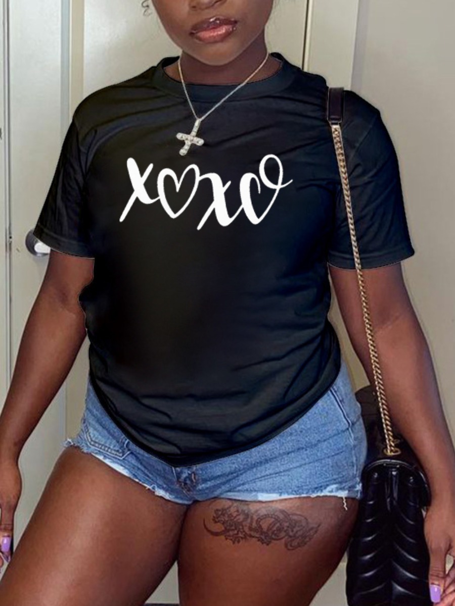 

Lovely Casual O Neck Heart-shaped Print Black Plus Size T-shirt