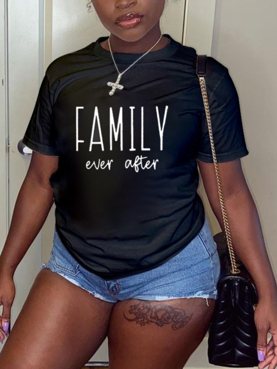 

Lovely Casual O Neck Letter Print Black Plus Size T-shirt