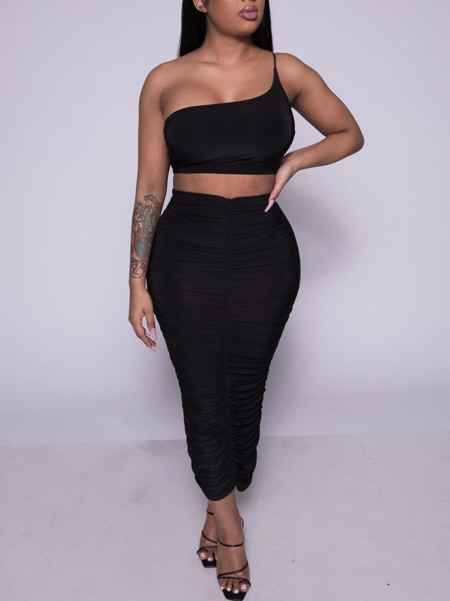 

Lovely Sweet One Shoulder Ruched Black Two Piece Skirt Set