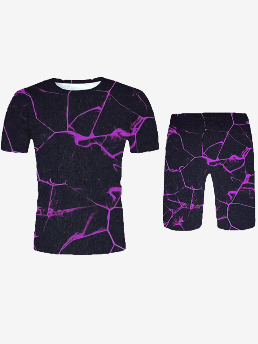 

Lovely Street Print Patchwork Drawstring Purple Men Two Piece Shorts Set