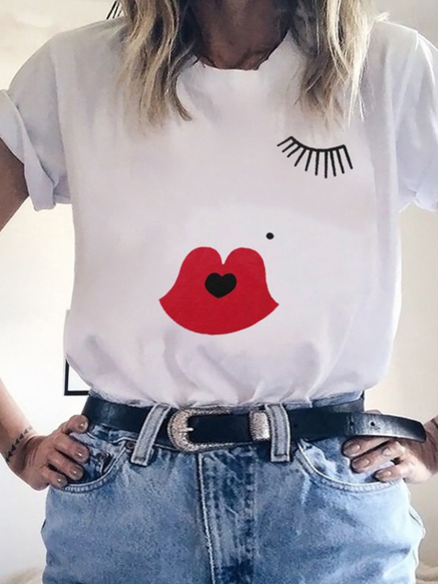 

Lovely Street O Neck Print Patchwork White Plus Size T-shirt