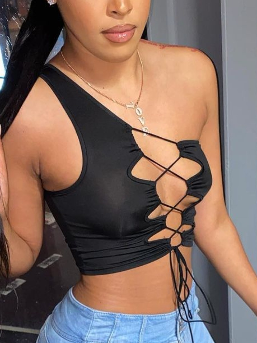 

Lovely Sexy One Shoulder Bandage Hollow-out Design Black Camisole