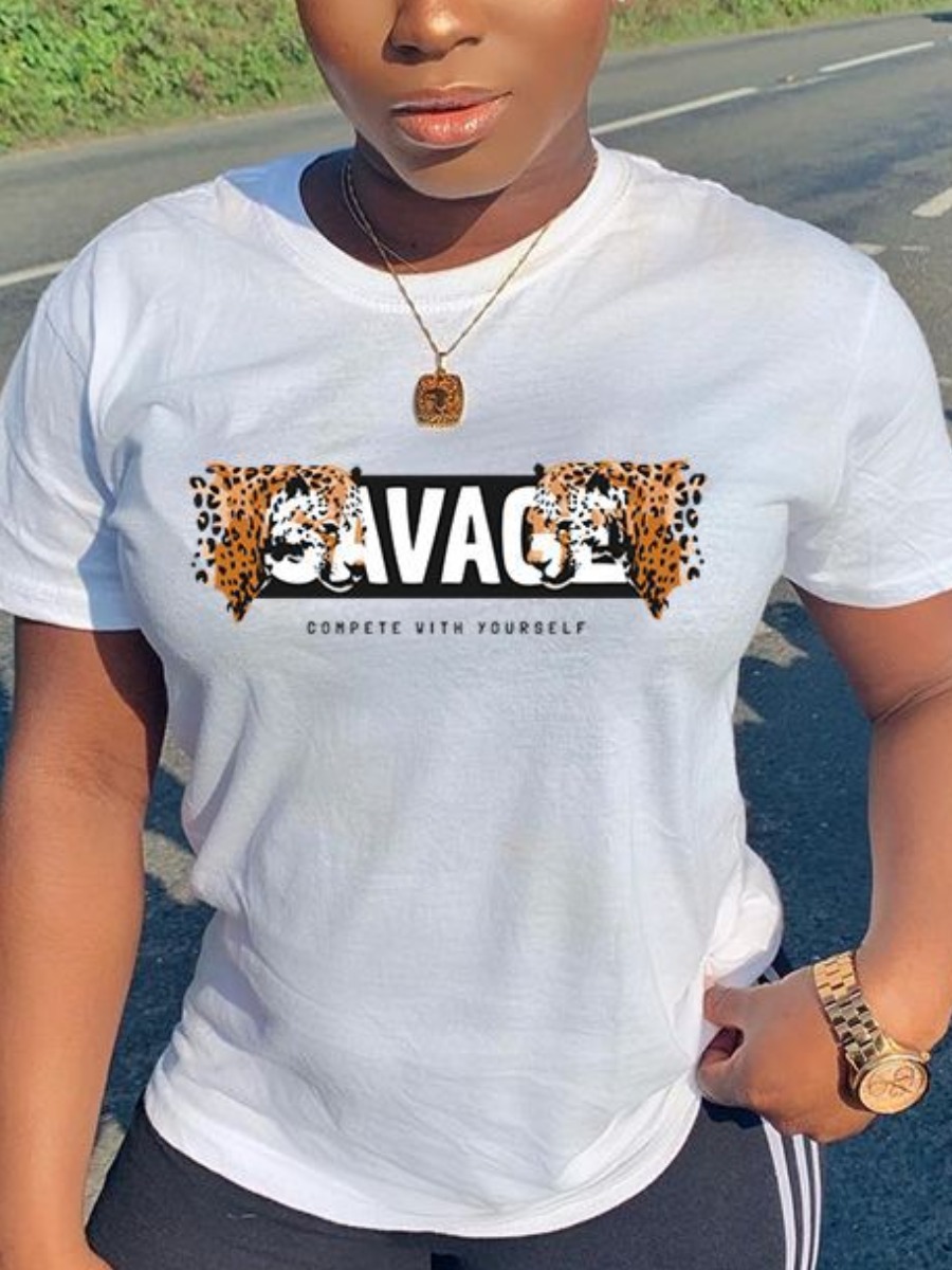 

Lovely Casual Letter Leopard Print White T-shirt