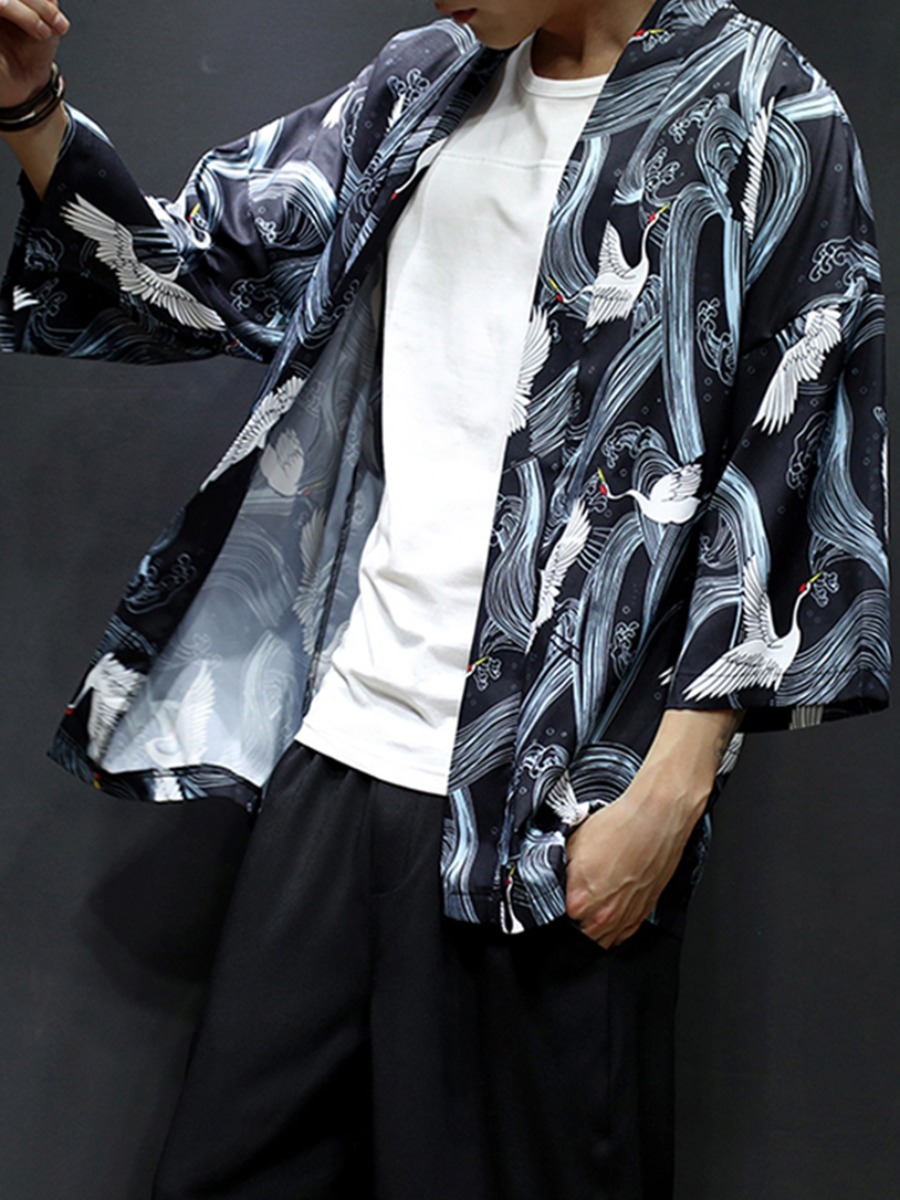 

Lovely Casual Dropped Shoulder Bird Print Patchwork Black Men Shirt