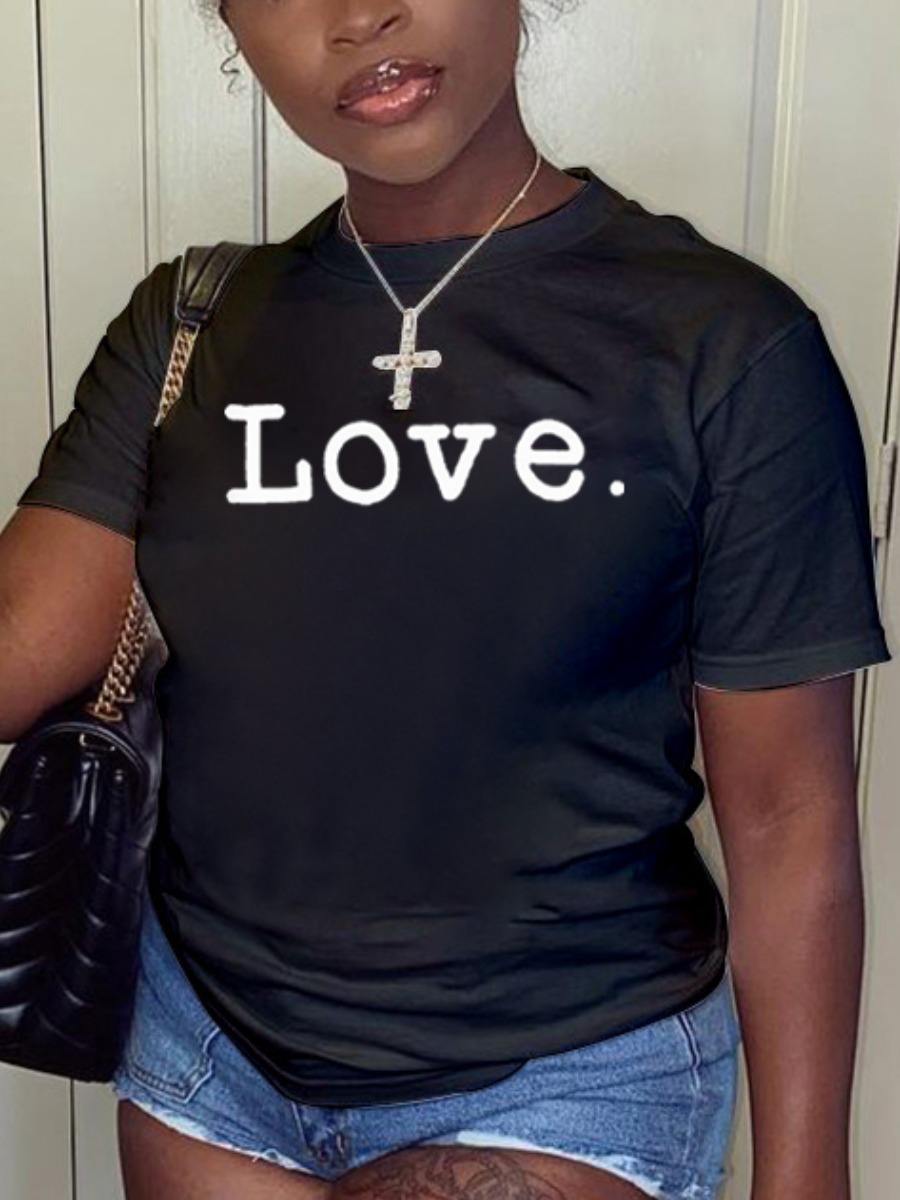 

Lovely Street O Neck Letter Print Black Plus Size T-shirt