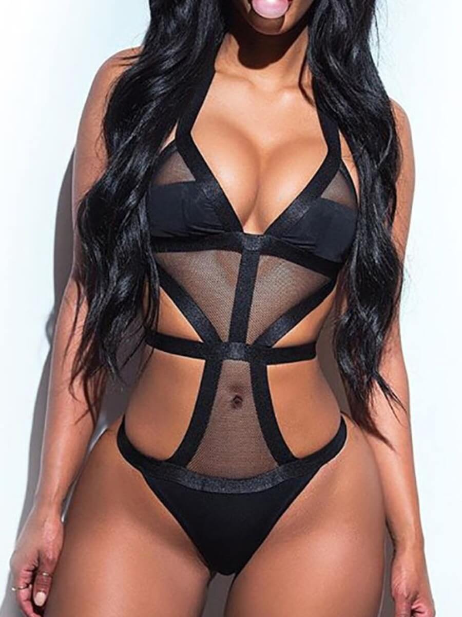 

Lovely Sexy See-through Bandage Hollow-out Design Black Teddies