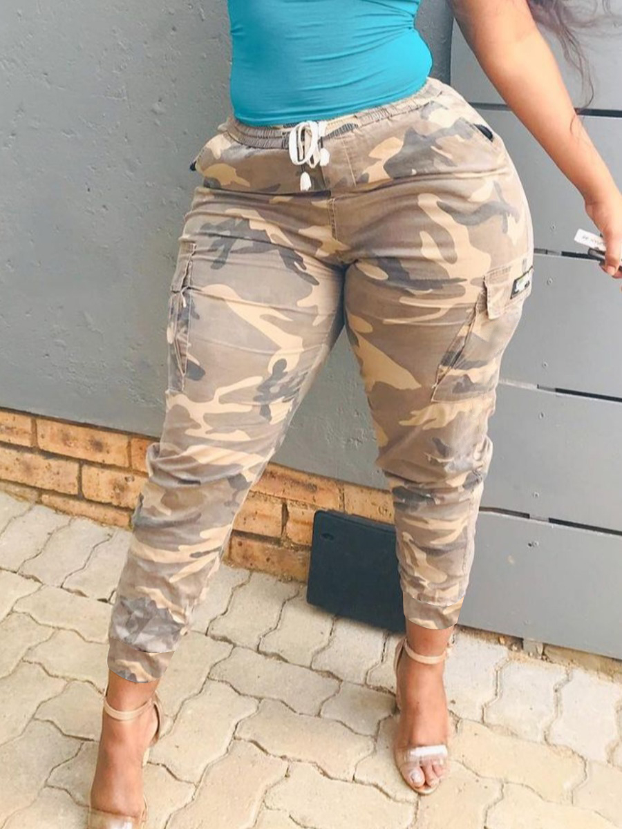 

Lovely Plus Size Street Camo Print Side Pocket Drawstring Pants, Army green camouflag