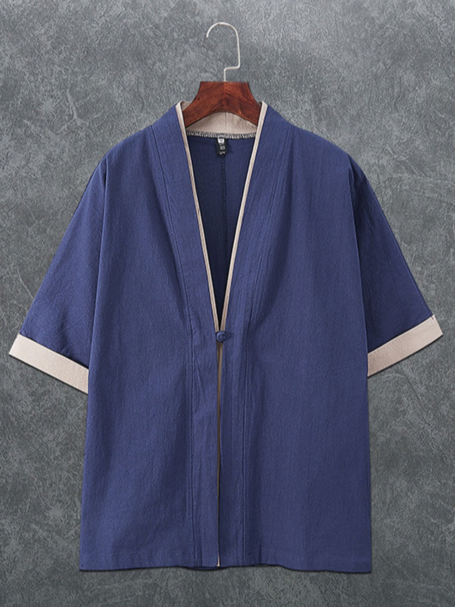

Lovely Casual V Neck Patchork Dark Blue Men Shirt