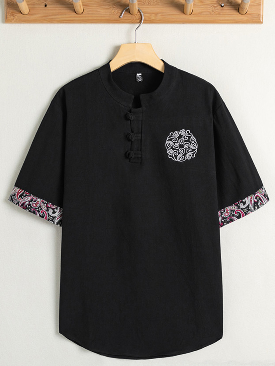 

Lovely Casual Button Design Print Patchwok Black Men T-shirt