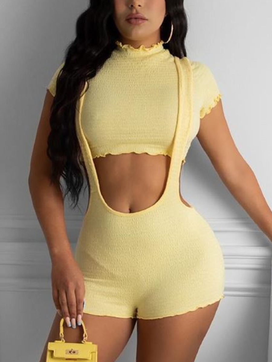 

Lovely Sweet Hollow-out Suspender Yellow Two Piece Shorts Set