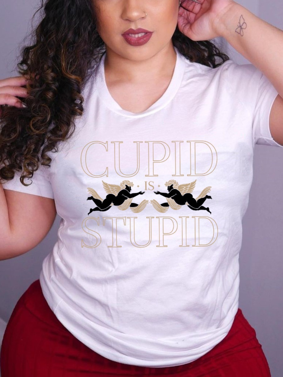 

Lovely Casual O Neck Angel Letter Print White Plus Size T-shirt