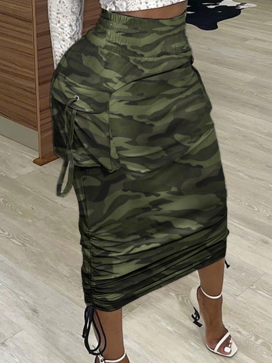 

LW Casual Camo Print Ruched Mid Calf Skirt