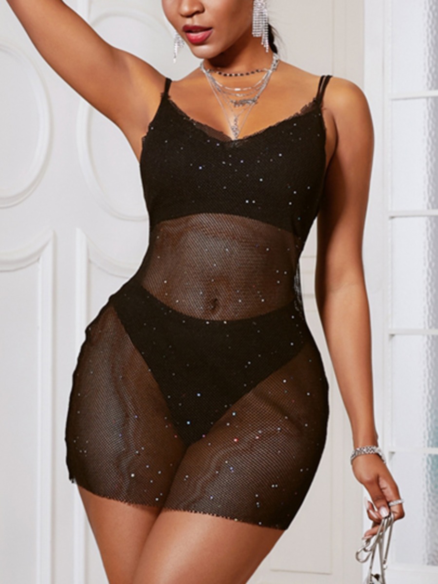 

Lovely Sexy See-through Sequined Black Mini Dress
