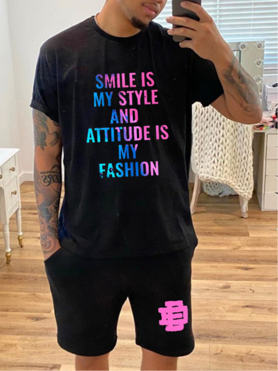 

Lovely Trendy O Neck Letter Print Black Men Two Piece Shorts Set
