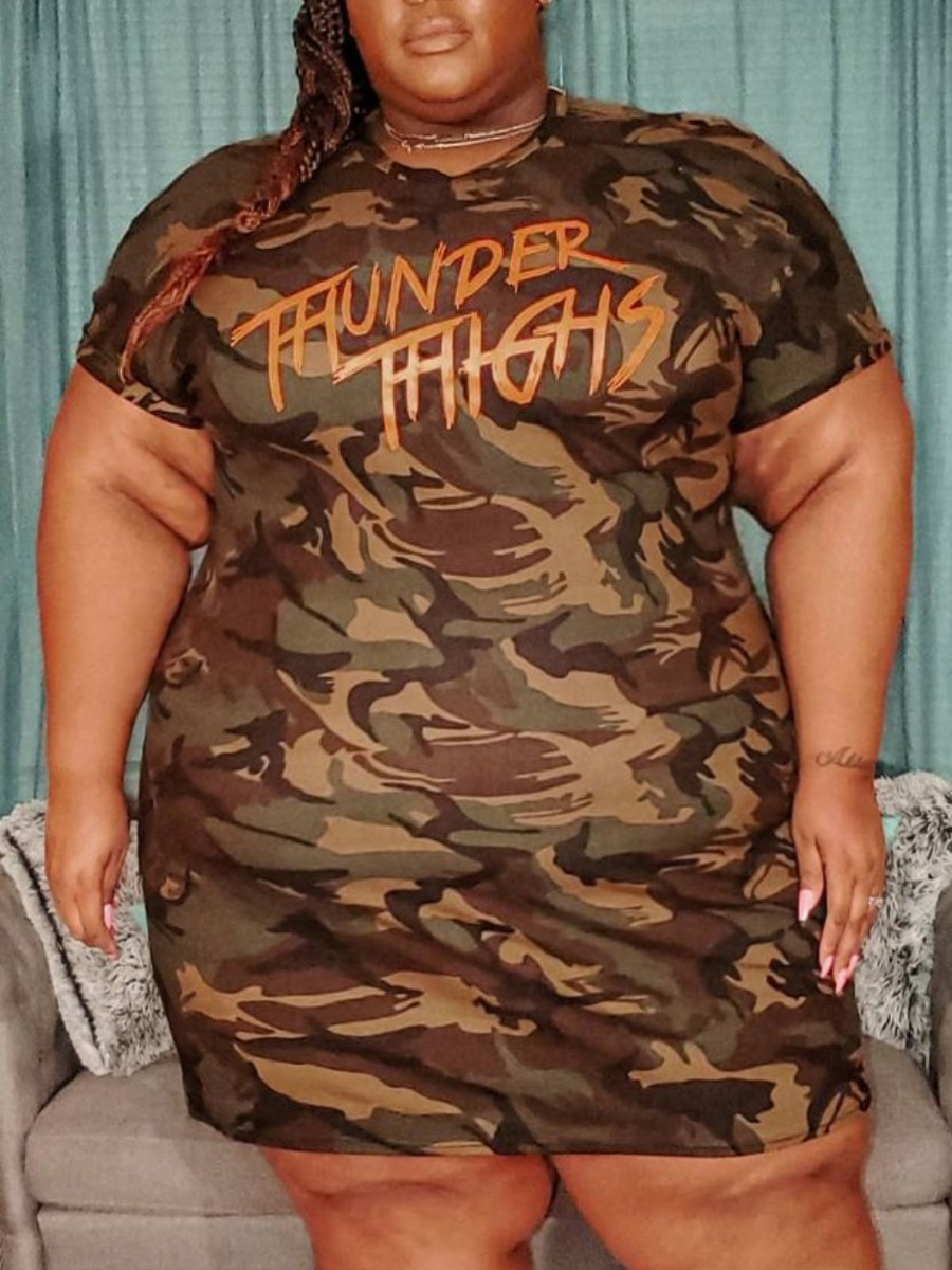 

LW Plus Size Letter Camo Print Dress, Army green camouflag