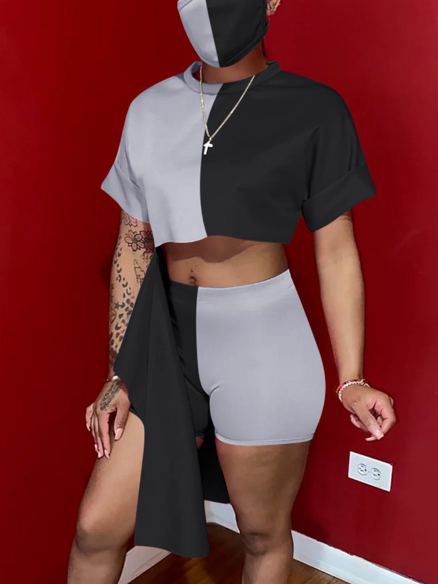 

Lovely Casual O Neck Patchwork Black Two Piece Shorts Set (Without Face Mask