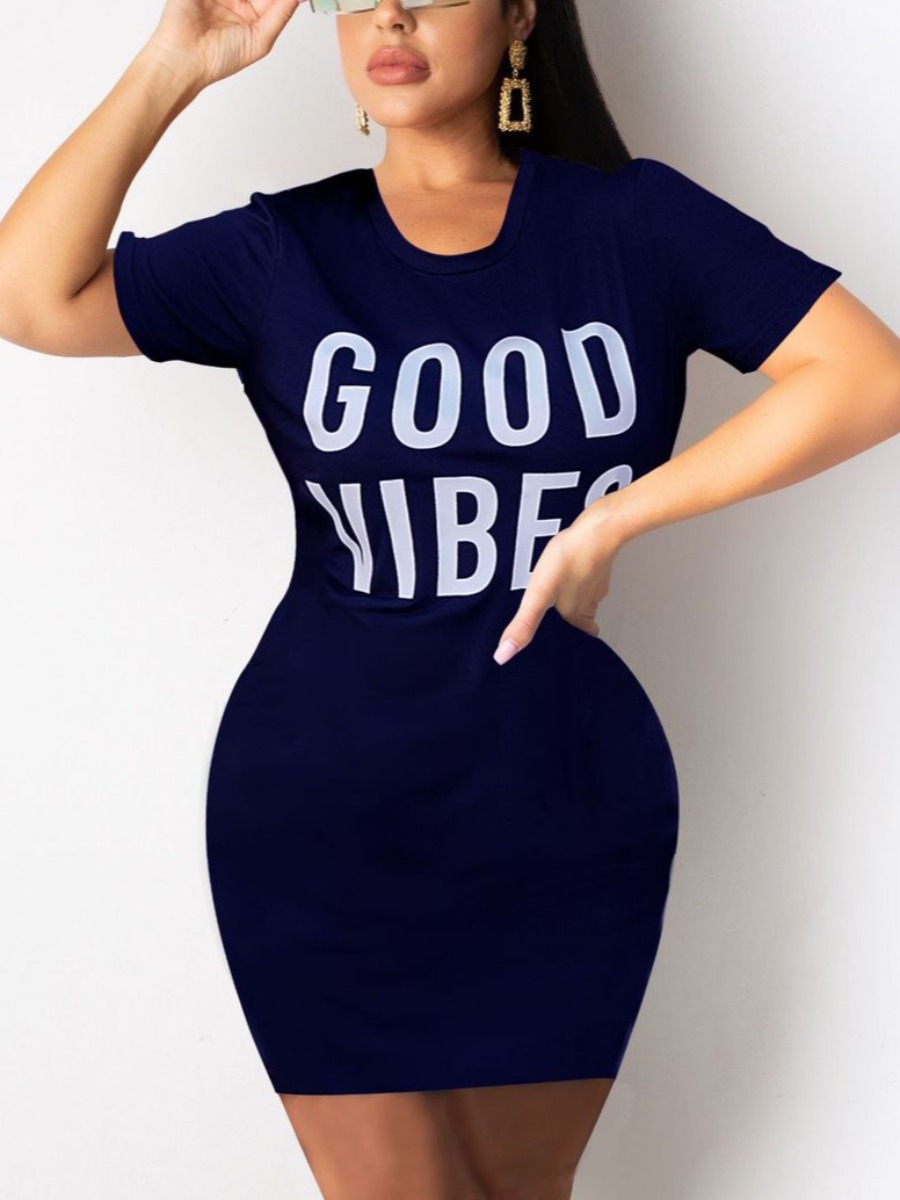 

Lovely Casual O Neck Letter Print Dark Blue Mini Dress