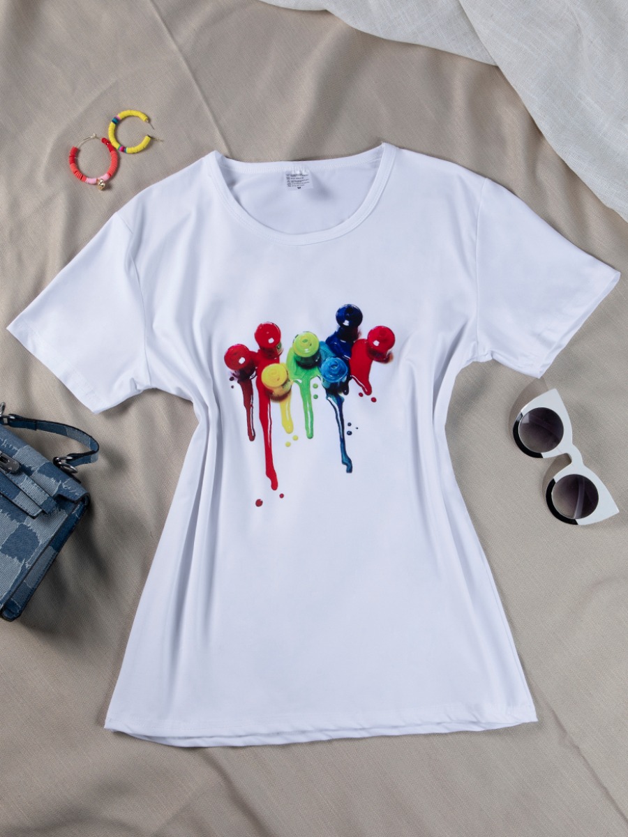 

Lovely Casual O Neck Nail Polish Print White T-shirt