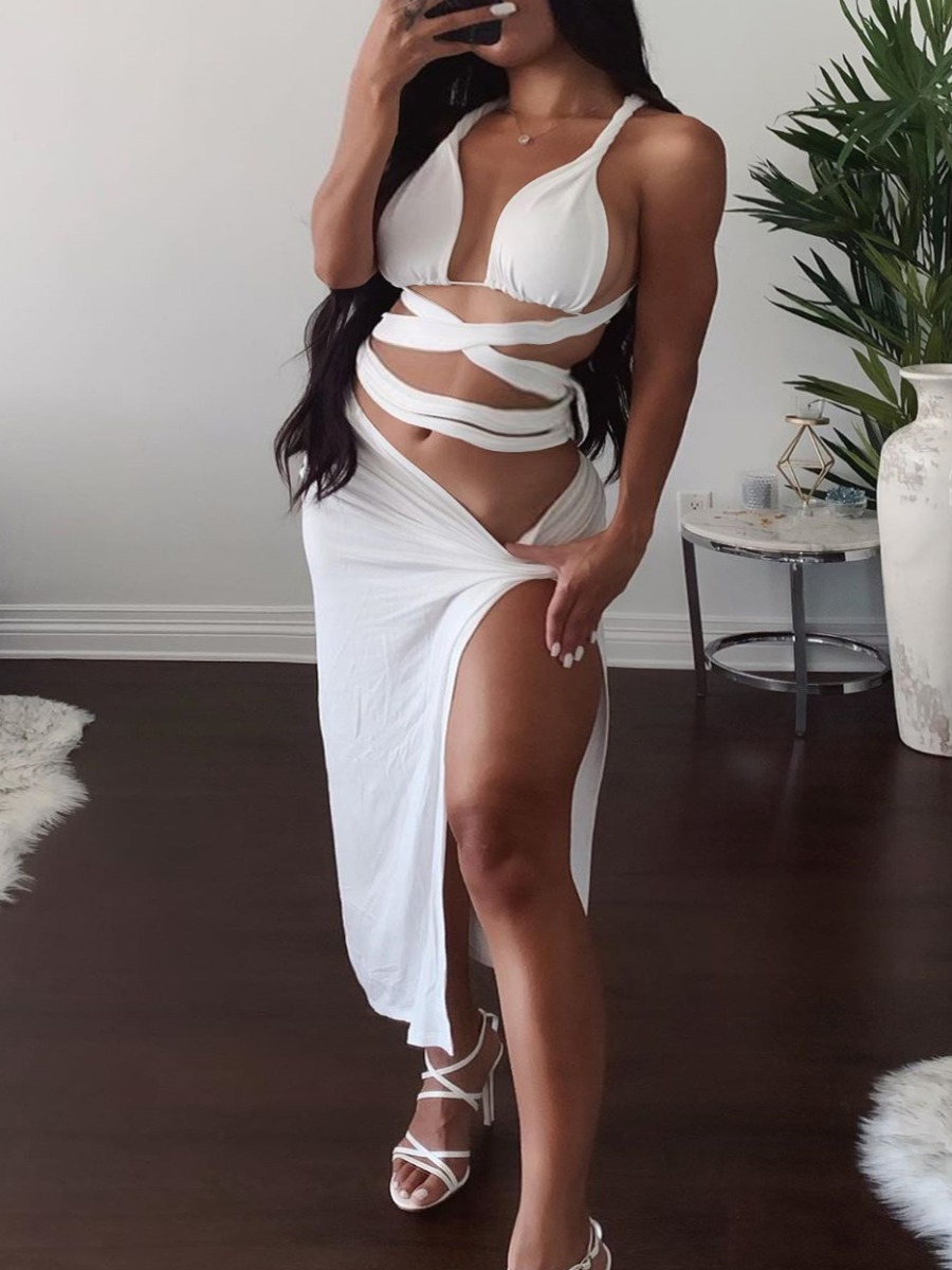 

Lovely Sexy Backless Bandage Design Split White Two Piece Skirt Set