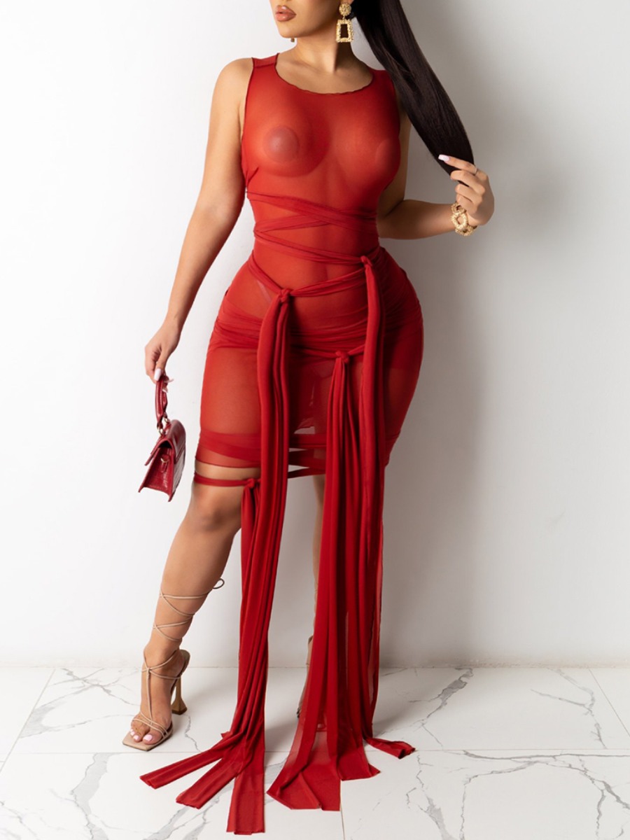 LW SXY Plus Size See-through Bandage Design Red Mini Dress