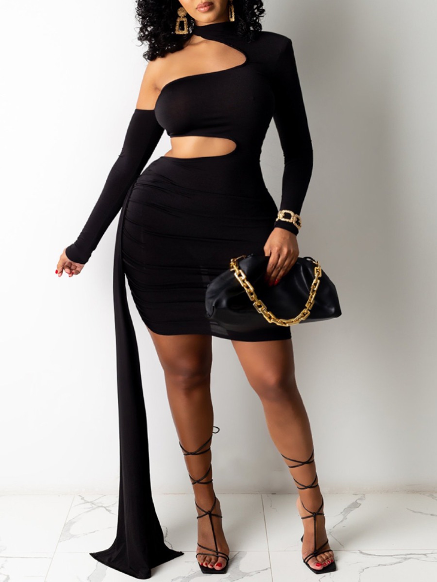 

Lovely Plus Size Sexy Hollow-out Bandage Design Black Mini Dress