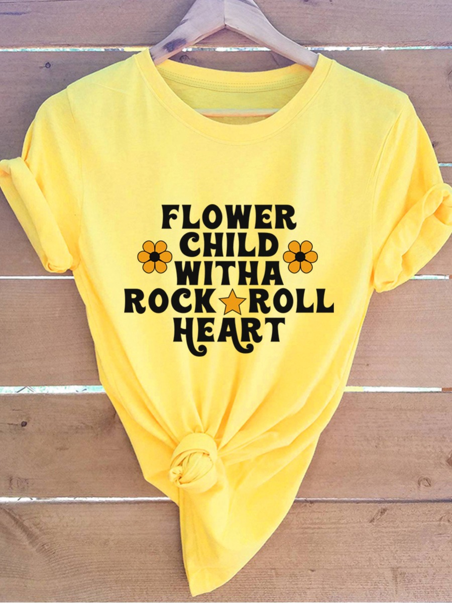 

Lovely Casual Floral Letter Print Yellow Plus Size T-shirt