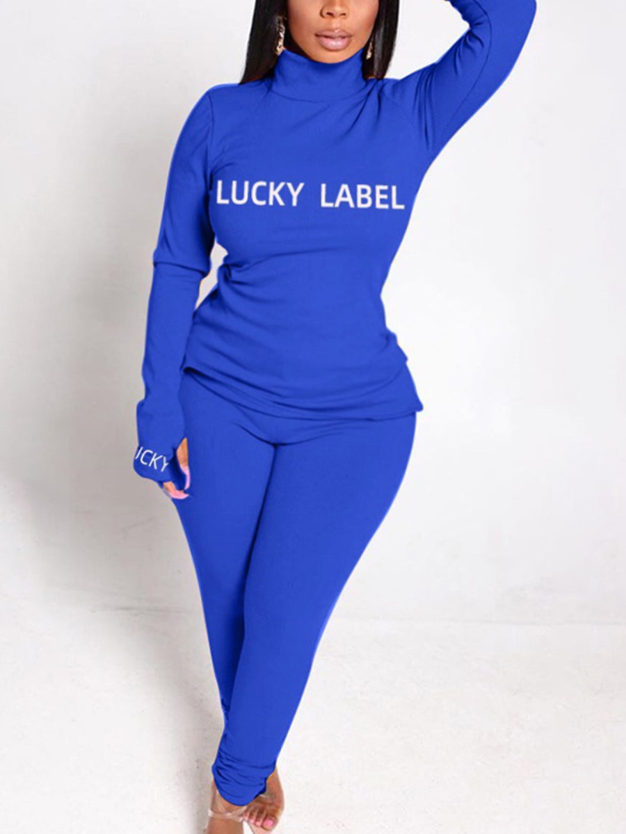 

Lovely Plus Size Sweet Letter Print Split Deep Blue Two-piece Pants Set