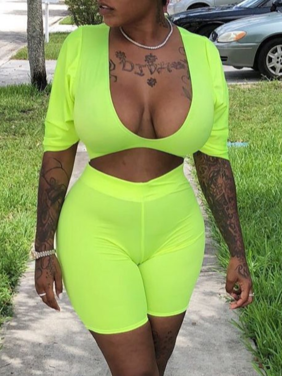 

Lovely Sweet U Neck Elastic Green Two Piece Shorts Set