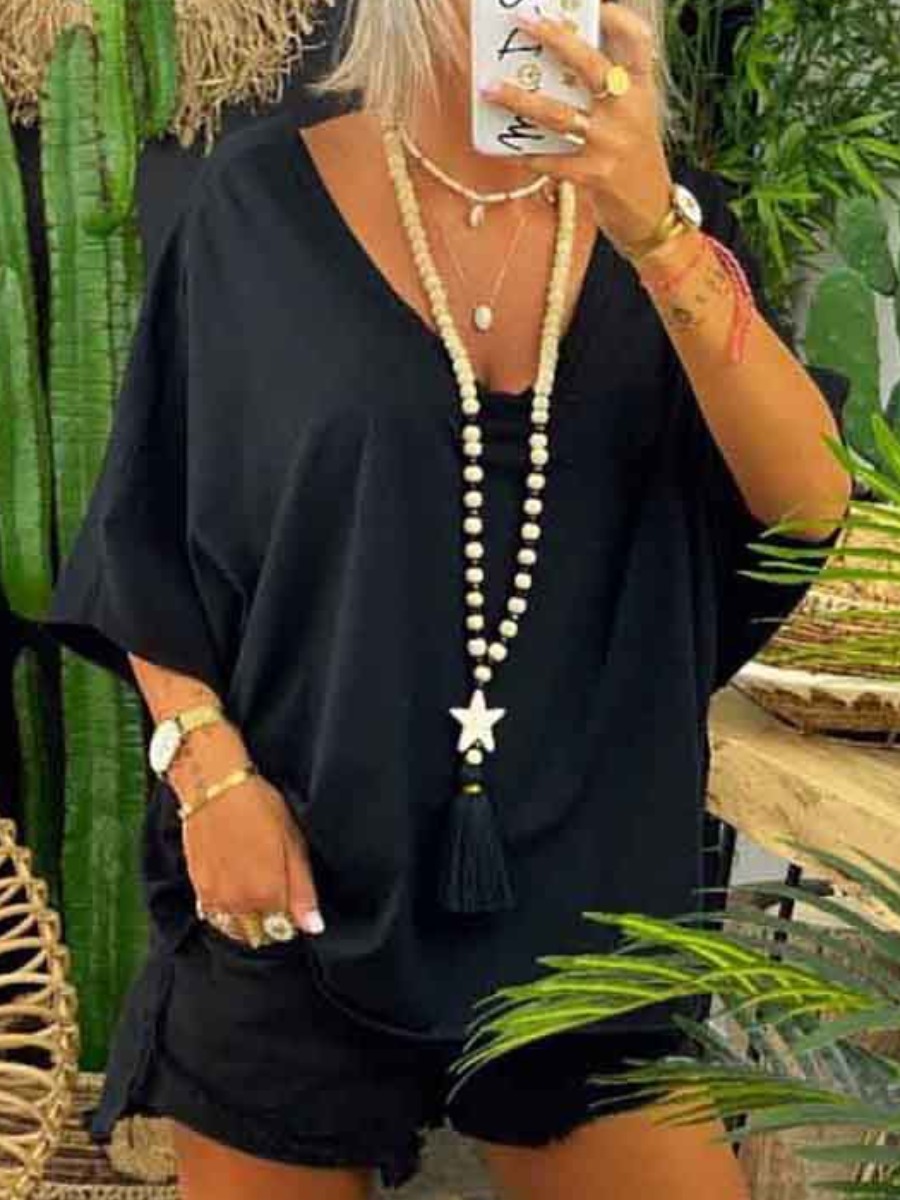 

Lovely Casual V Neck Dropped Shoulder Loose Black T-shirt