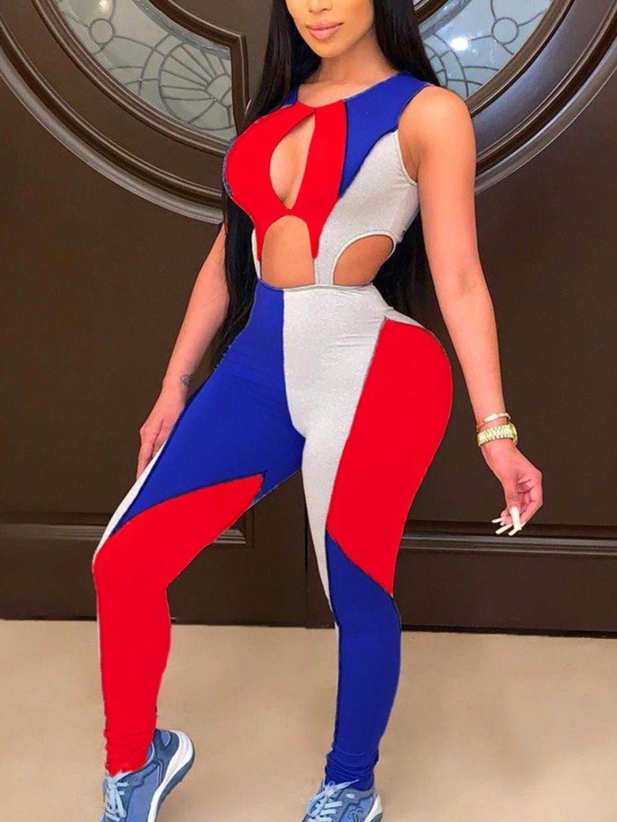 

LW Sporty Hollow-out Color-lump Patchwork Red One-piece Jumpsuit