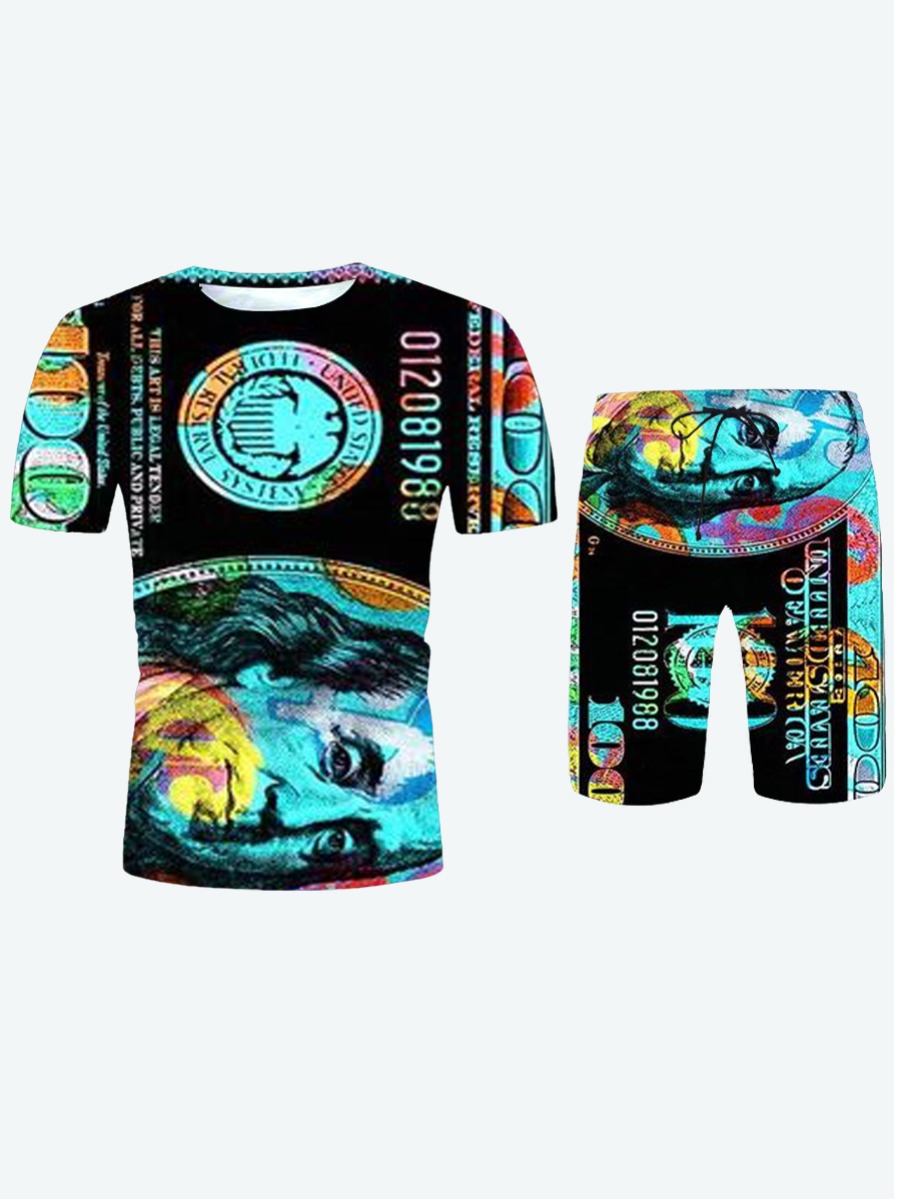 LovelyWholesale Men Street Portrait Letter Print Black Two Piece Shorts Set Summer Short Sleeve Street Drawstring Round Neck Spring Summer 2024