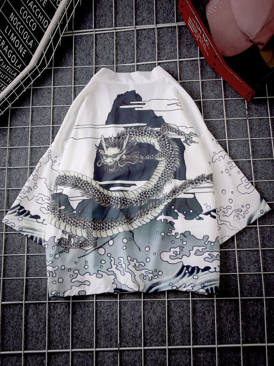 

Lovely Men Casual Dropped Shoulder Dragon Print White Shirt