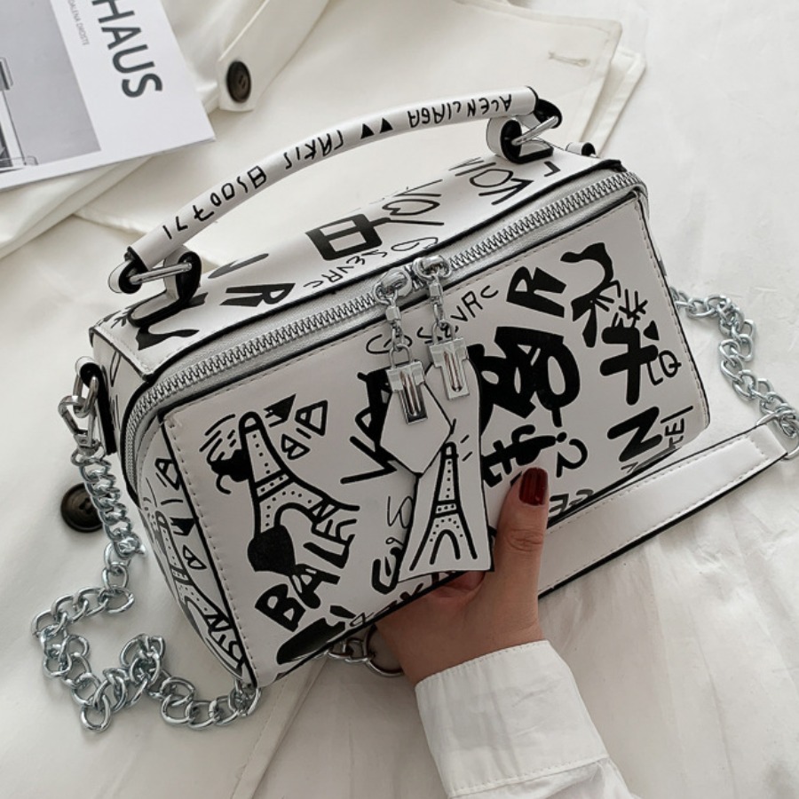 

LW Street Letter Print Patchwork White Crossbody Bags