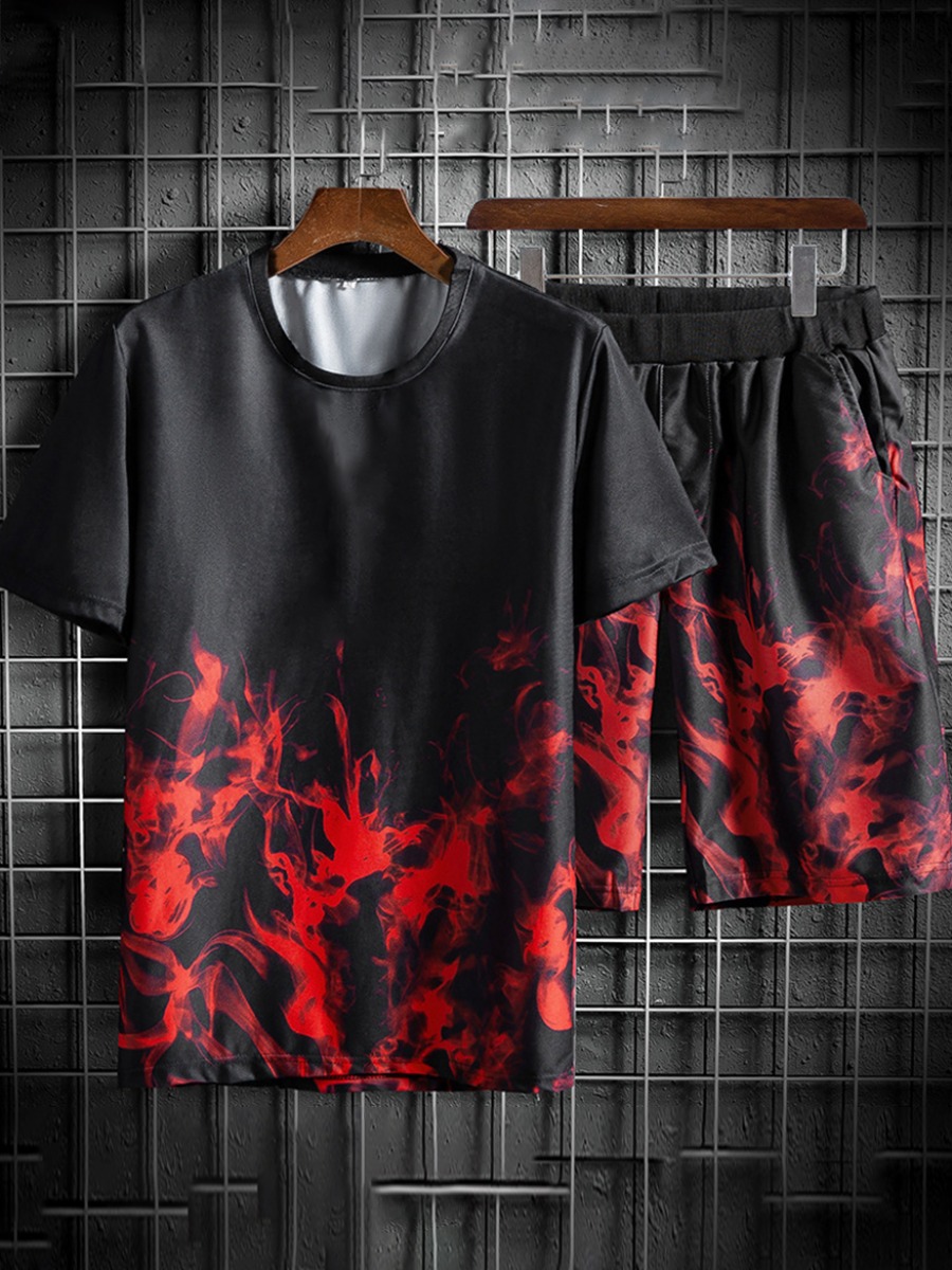 

Lovely Men Casual O Neck Flame Print Red Two Piece Shorts Set