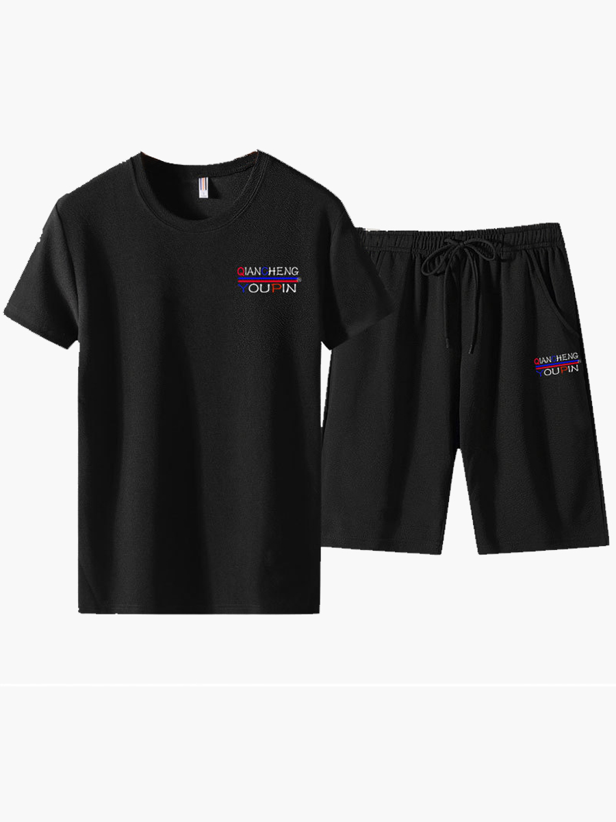 

Lovely Men Casual O Neck Letter Print Black Two Piece Shorts Set