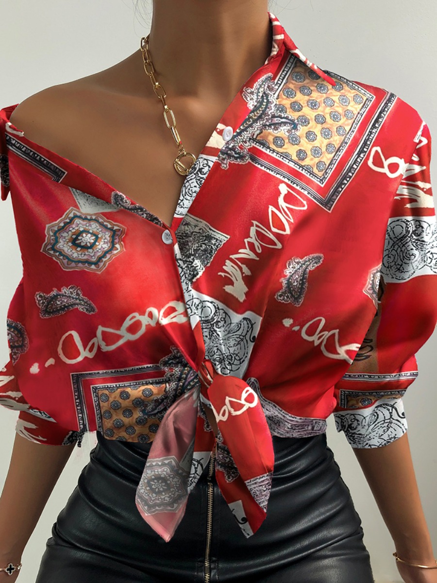 

Lovely Street Geometric Print Patchwork Red Blouse