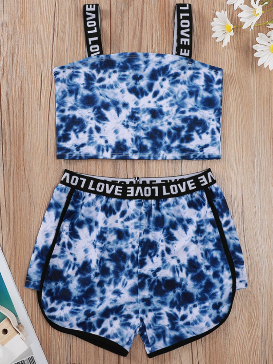 

Lovely Girl Sweet Tie Dye Letter Print Deep Blue Two Piece Skirt Set