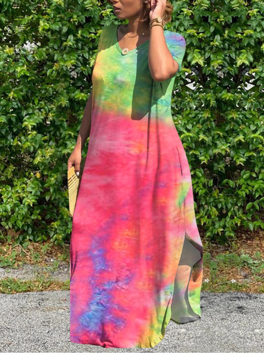 

Lovely Casual Tie-dye Split Green Floor Length Plus Size Dress