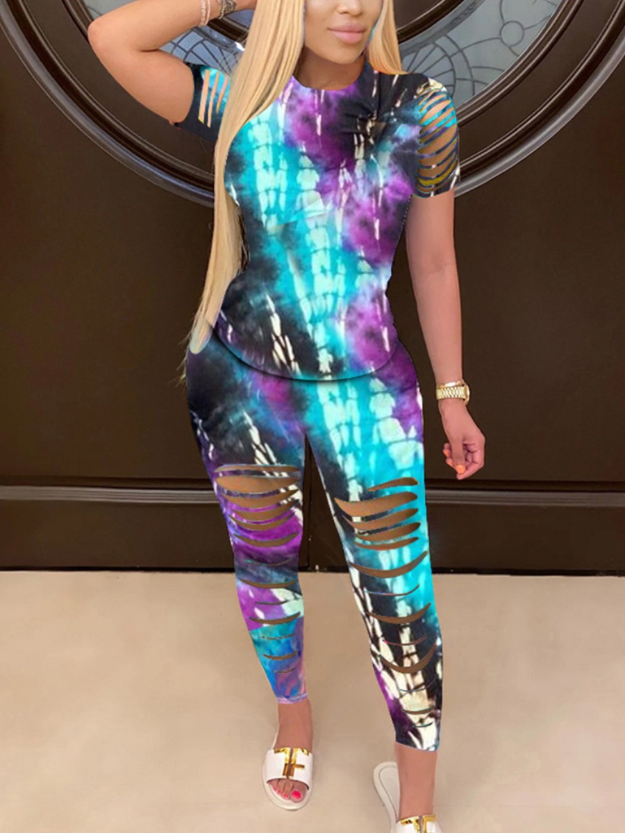 

LW Plus Size Street Tie-dye Ripped Purple Two-piece Pants Set